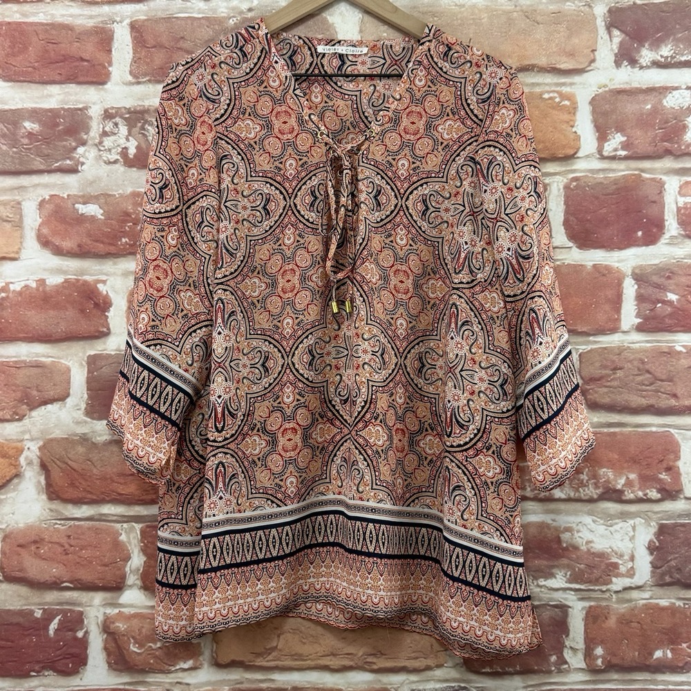 Violet + Claire Top Women's 1X Multicolor Boho Floral Casual Tie Neck Shirt